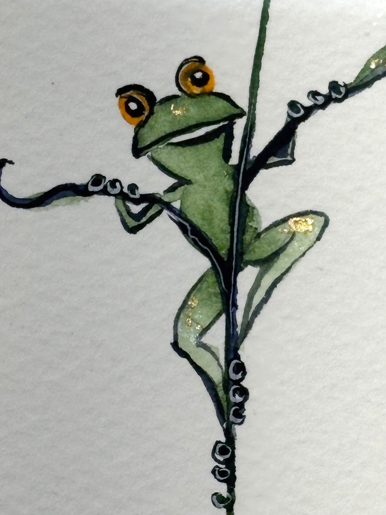 Tiny Frog on grass with 23K gold leaf framed to approx 9x11, $195