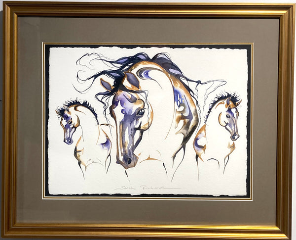 Mare and 2 foals original watercolor with 23K gold leaf approx 18x22