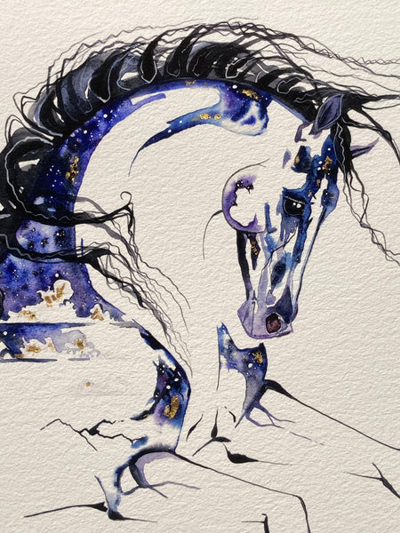 Spotted purple horse with roses original watercolor with 23K gold leaf