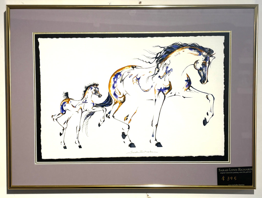 Mare and foal with hidden dancers and 23K gold leaf, original watercolor 19x23 inches