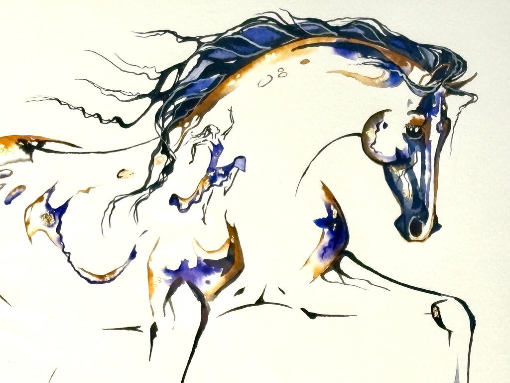 Mare and foal with hidden dancers and 23K gold leaf, original watercolor 19x23 inches