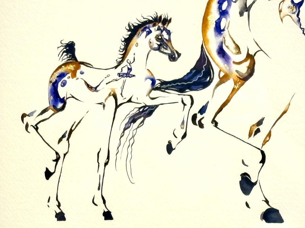 Mare and foal with hidden dancers and 23K gold leaf, original watercolor 19x23 inches