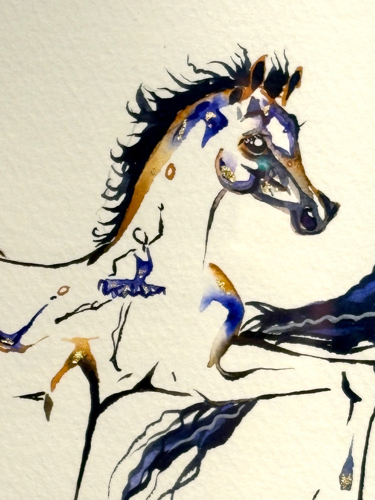 Mare and foal with hidden dancers and 23K gold leaf, original watercolor 19x23 inches