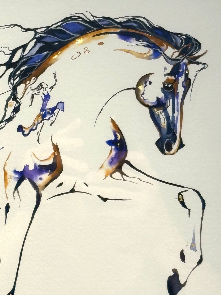 Mare and foal with hidden dancers and 23K gold leaf, original watercolor 19x23 inches
