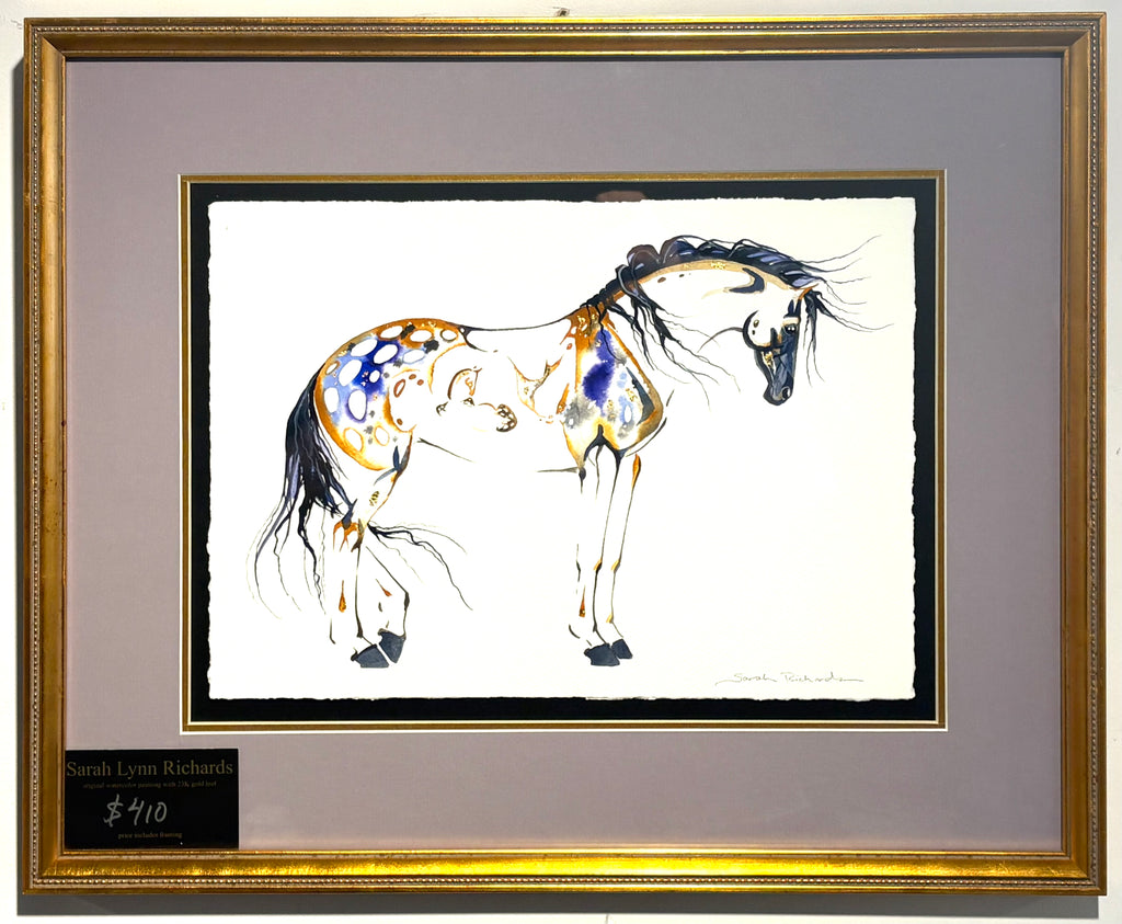 Pregnant Mare with Hidden Foal and 23K gold leaf original watercolor.
