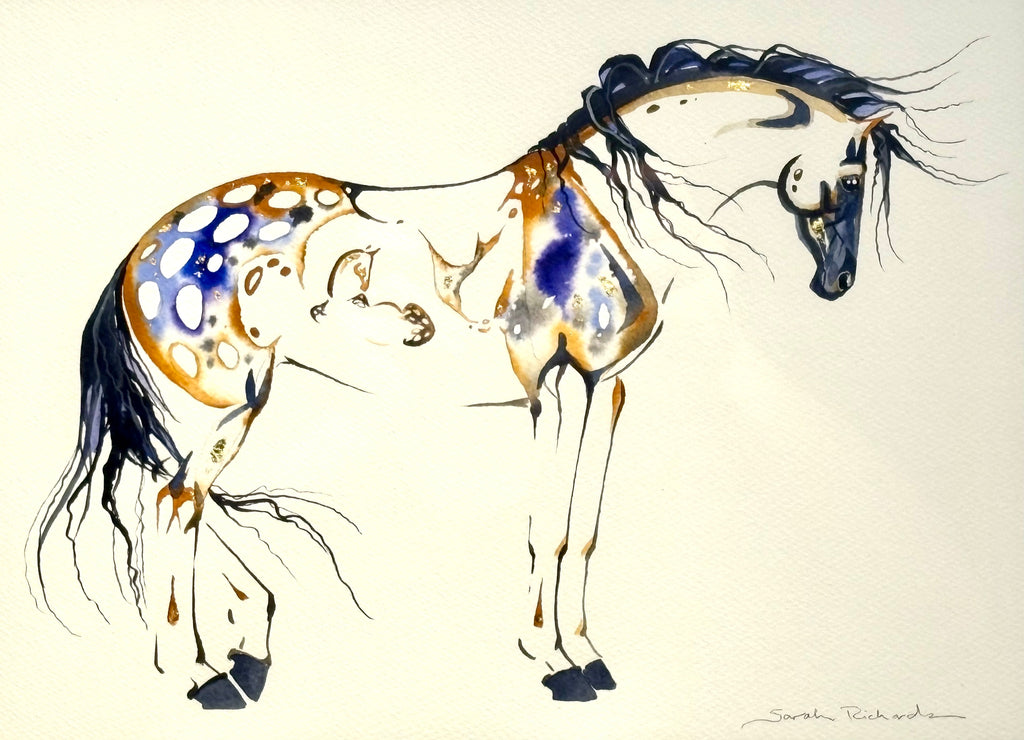 Pregnant Mare with Hidden Foal and 23K gold leaf original watercolor.
