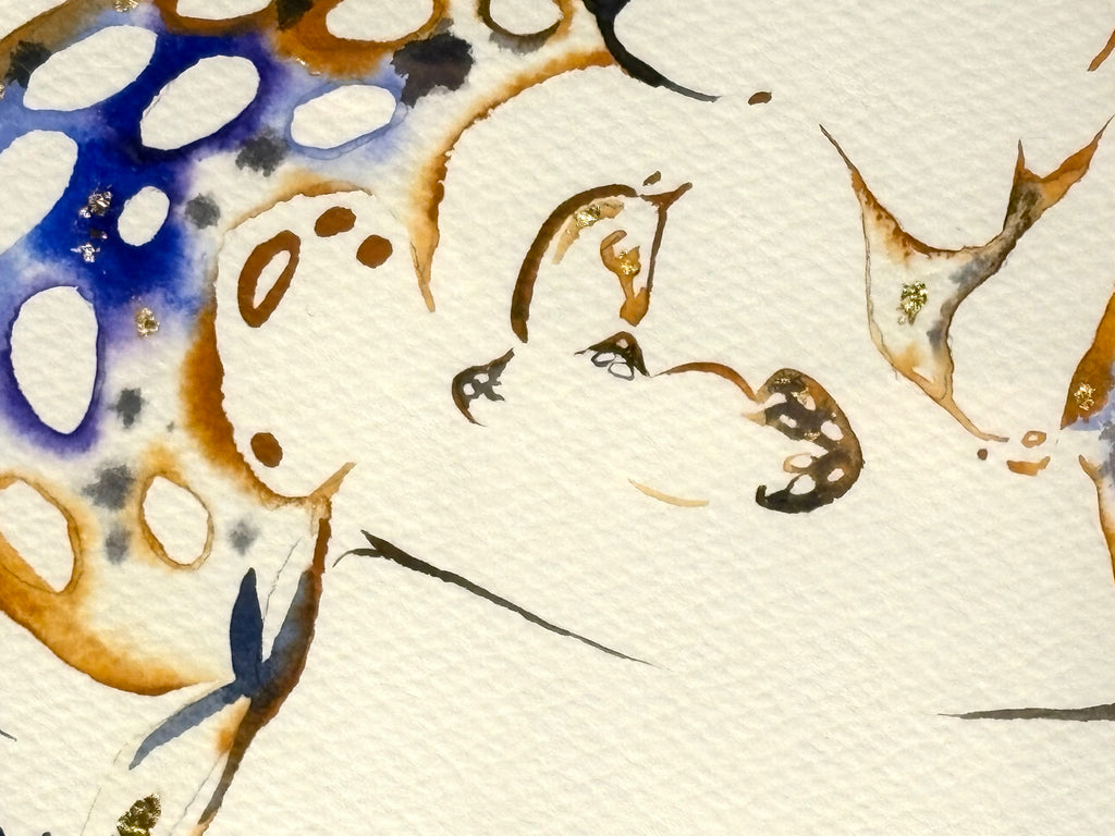 Pregnant Mare with Hidden Foal and 23K gold leaf original watercolor.