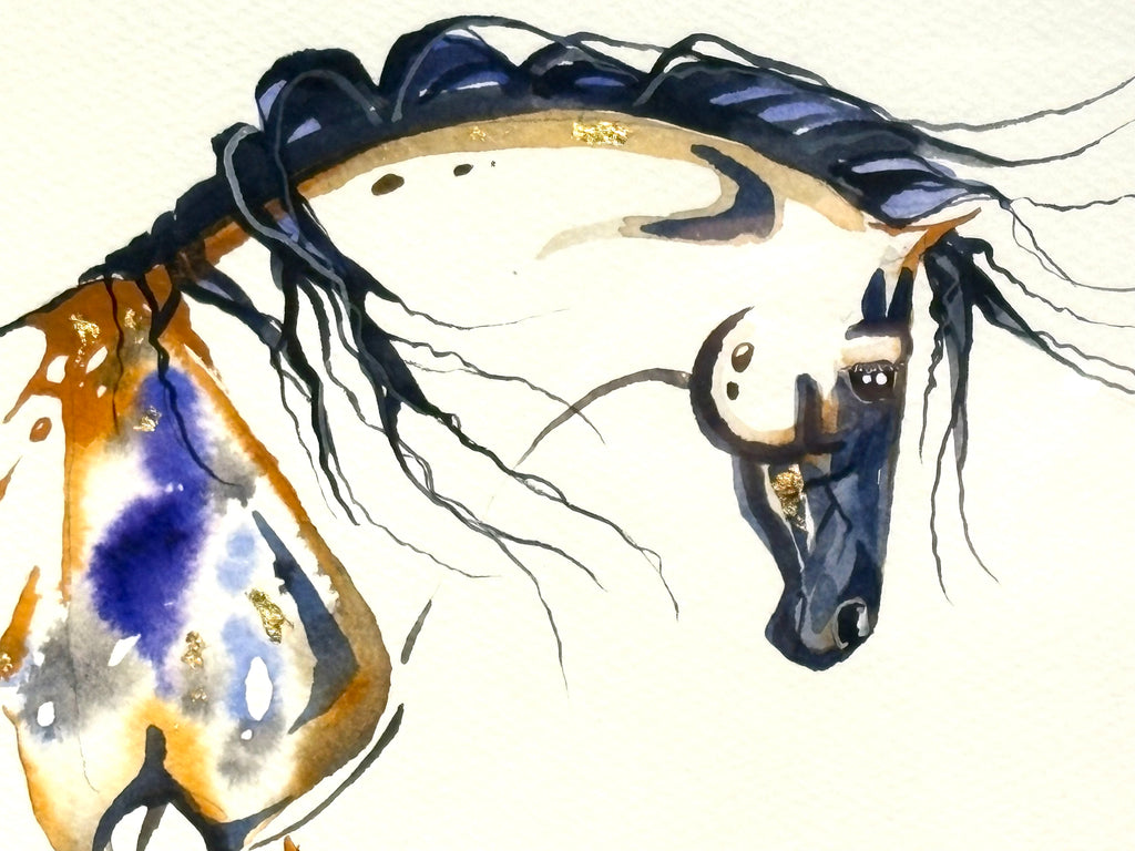 Pregnant Mare with Hidden Foal and 23K gold leaf original watercolor.