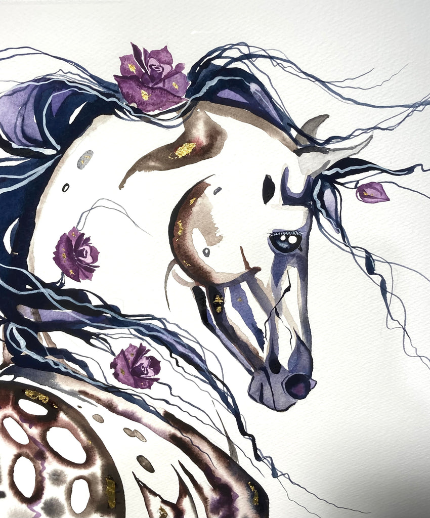 Huge Burgundy Appaloosa with roses original watercolor with 23K gold leaf