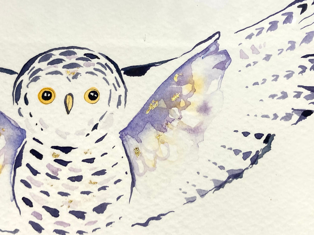 Snowy Owl original watercolor with 23K gold leaf
