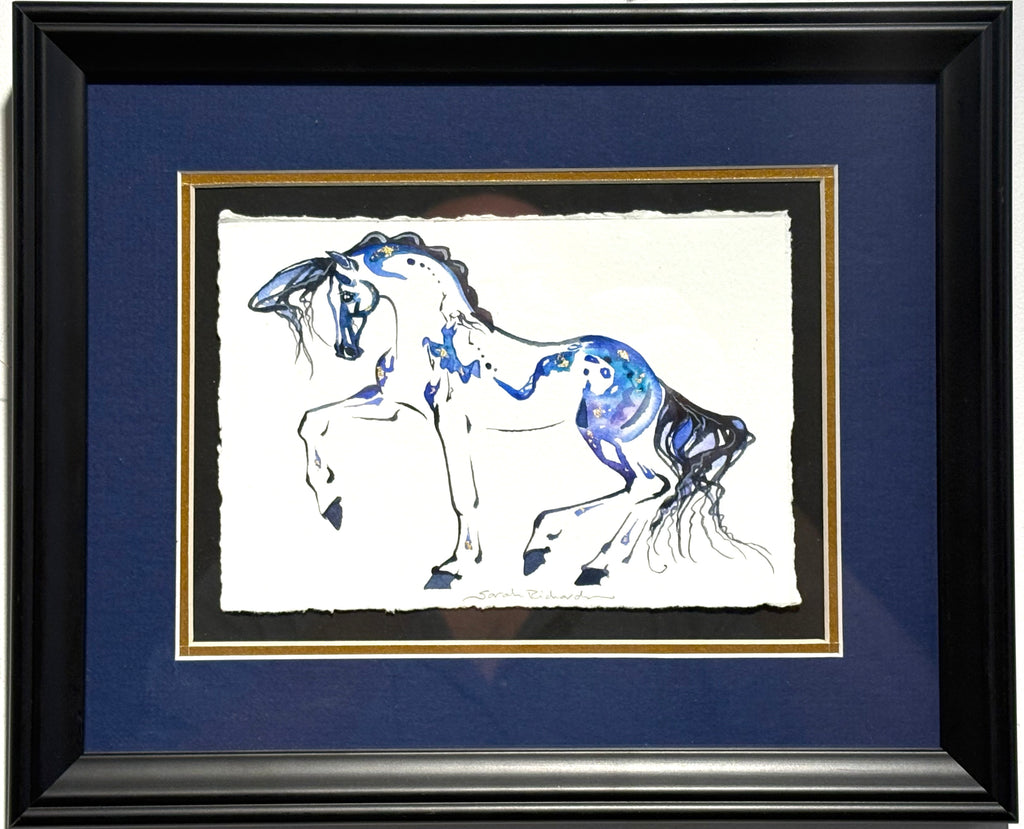 #1 Blue horse with hidden dancer and 23K gold leaf approx 9x11 inches $195.