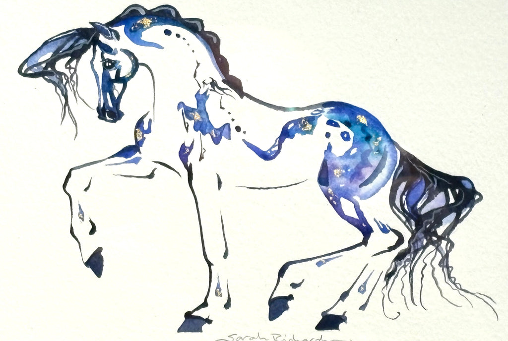#1 Blue horse with hidden dancer and 23K gold leaf approx 9x11 inches $195.
