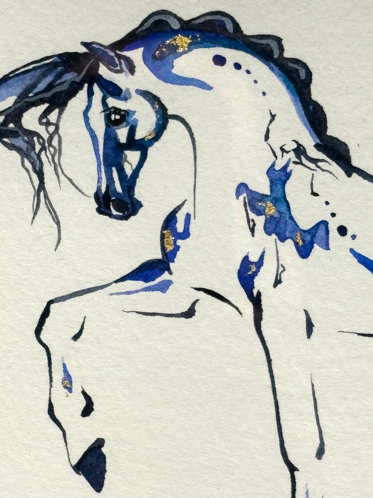 #1 Blue horse with hidden dancer and 23K gold leaf approx 9x11 inches $195.