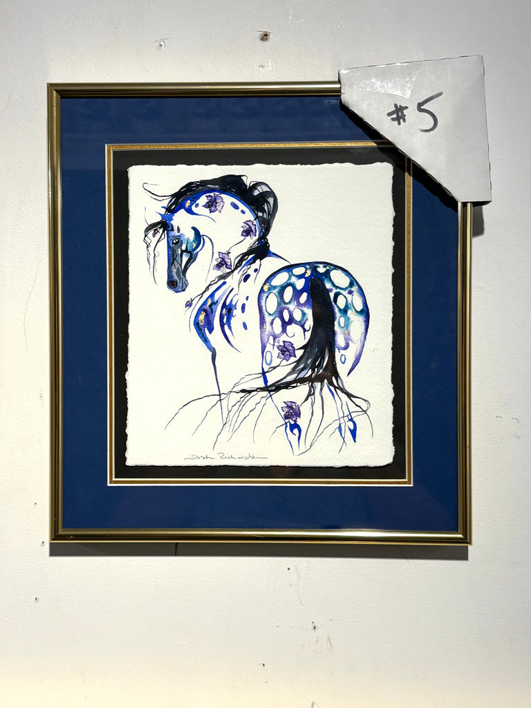 #5 Blue appaloosa with purple roses and 23K gold leaf approx 11x12 inches $250.