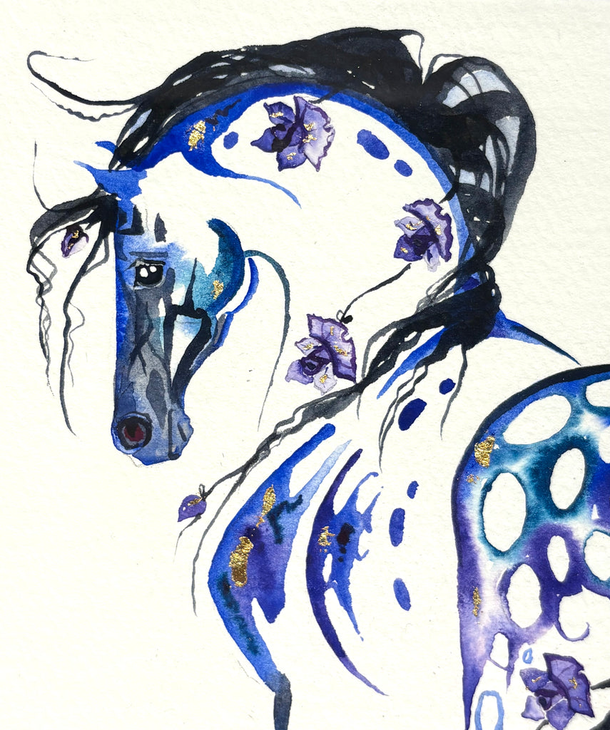 #5 Blue appaloosa with purple roses and 23K gold leaf approx 11x12 inches $250.