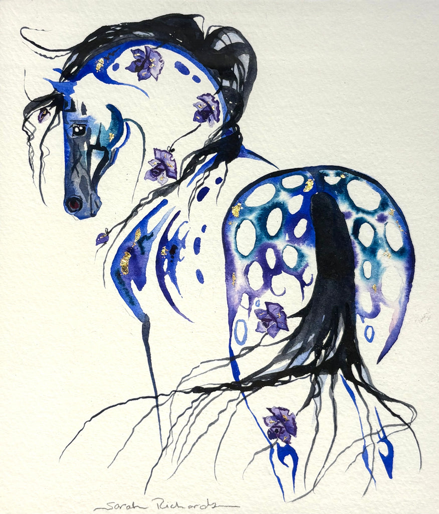 #5 Blue appaloosa with purple roses and 23K gold leaf approx 11x12 inches $250.