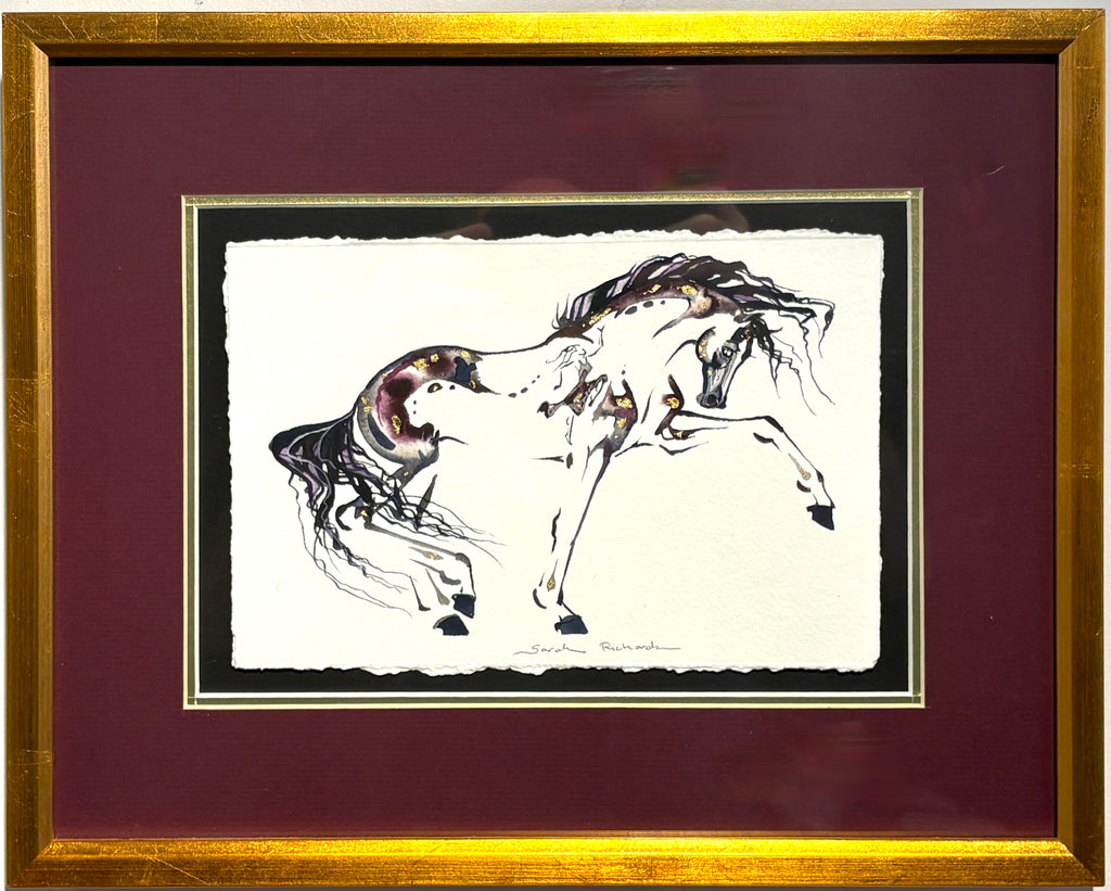 #7 Burgundy horse Spanish walk with hidden dancer and 23K gold leaf approx 9x11 inches $250.