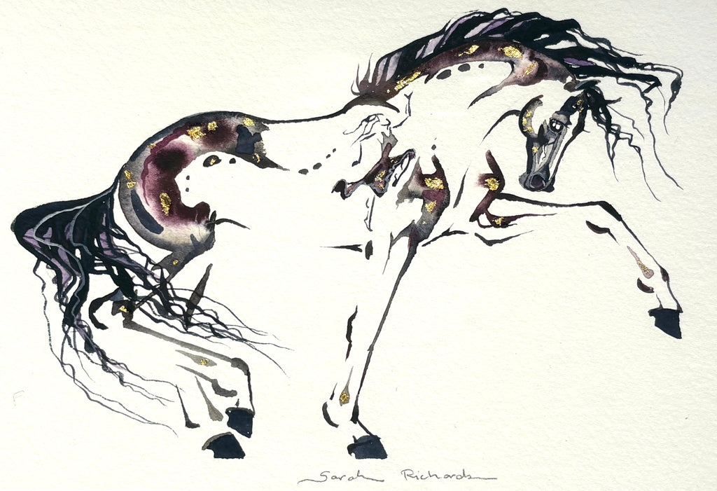 #7 Burgundy horse Spanish walk with hidden dancer and 23K gold leaf approx 9x11 inches $250.