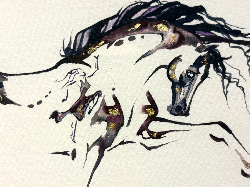 #7 Burgundy horse Spanish walk with hidden dancer and 23K gold leaf approx 9x11 inches $250.