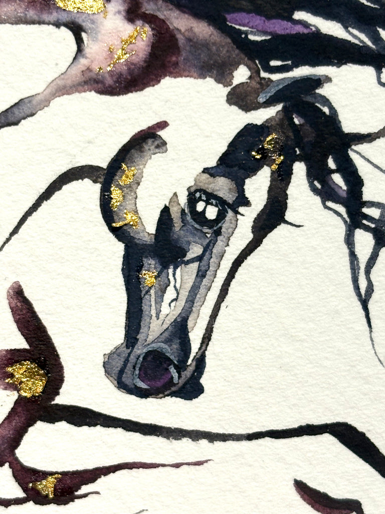 #7 Burgundy horse Spanish walk with hidden dancer and 23K gold leaf approx 9x11 inches $250.