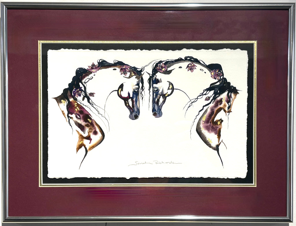#8 Two horses meeting with roses in manes and 23K gold leaf approx 13x16 $295.