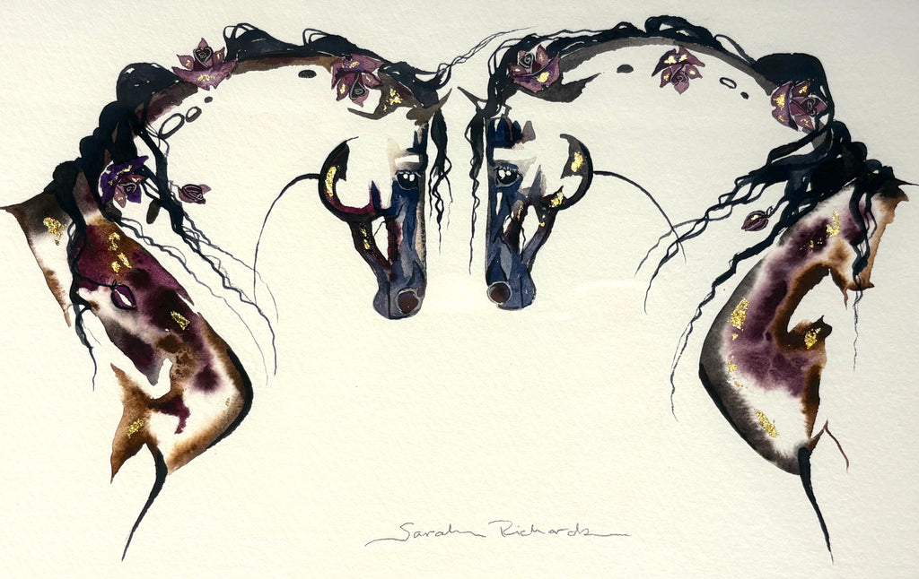#8 Two horses meeting with roses in manes and 23K gold leaf approx 13x16 $295.