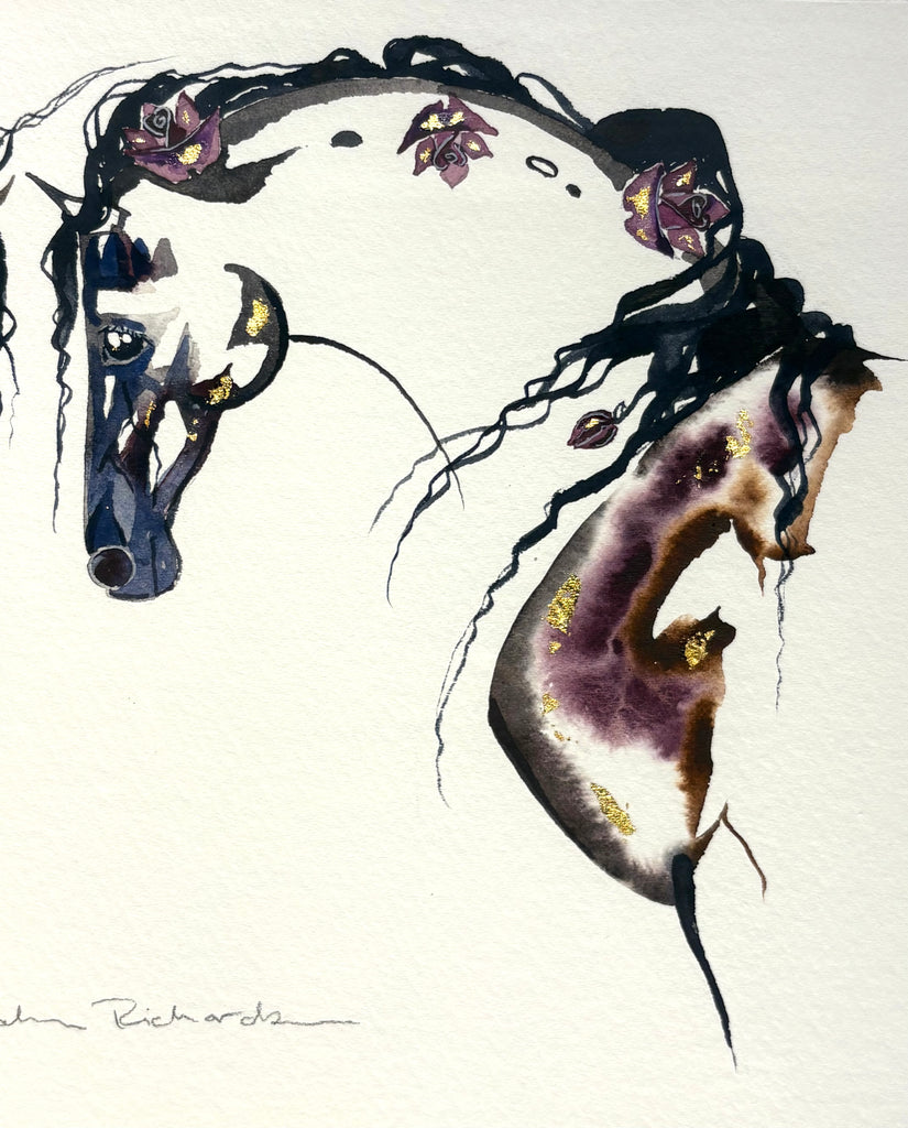 #8 Two horses meeting with roses in manes and 23K gold leaf approx 13x16 $295.
