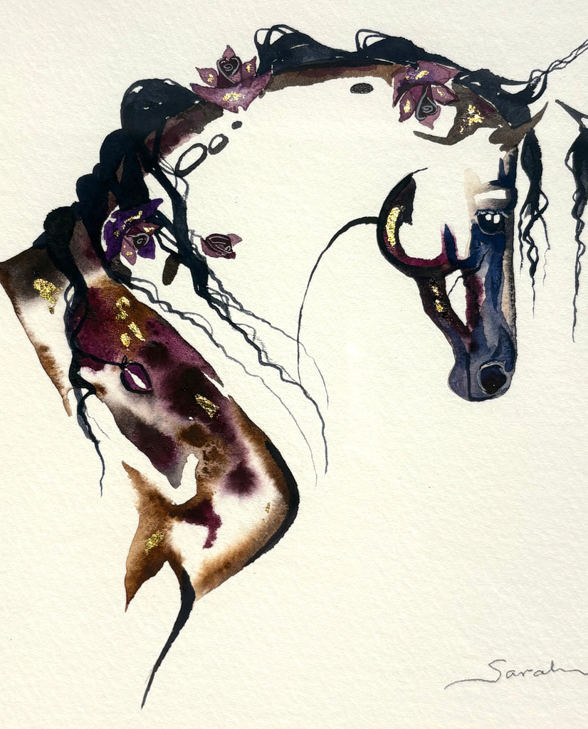 #8 Two horses meeting with roses in manes and 23K gold leaf approx 13x16 $295.
