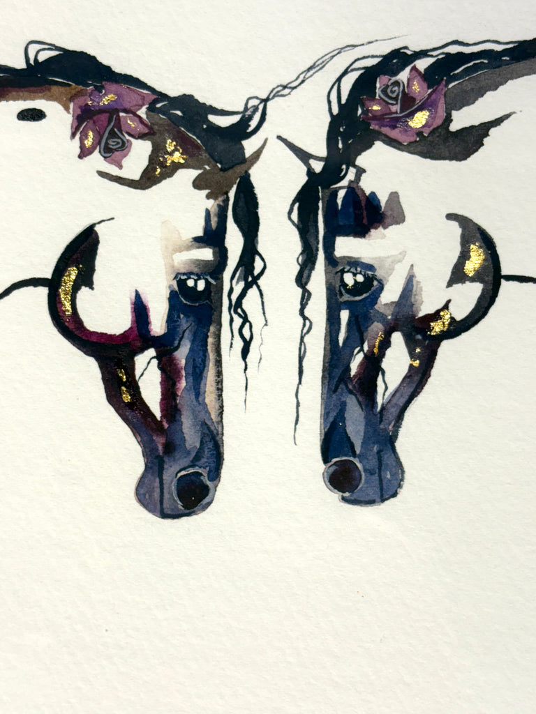 #8 Two horses meeting with roses in manes and 23K gold leaf approx 13x16 $295.