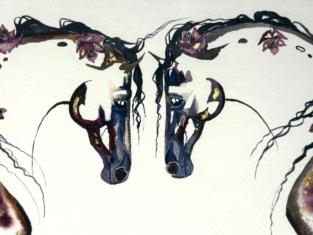 #8 Two horses meeting with roses in manes and 23K gold leaf approx 13x16 $295.