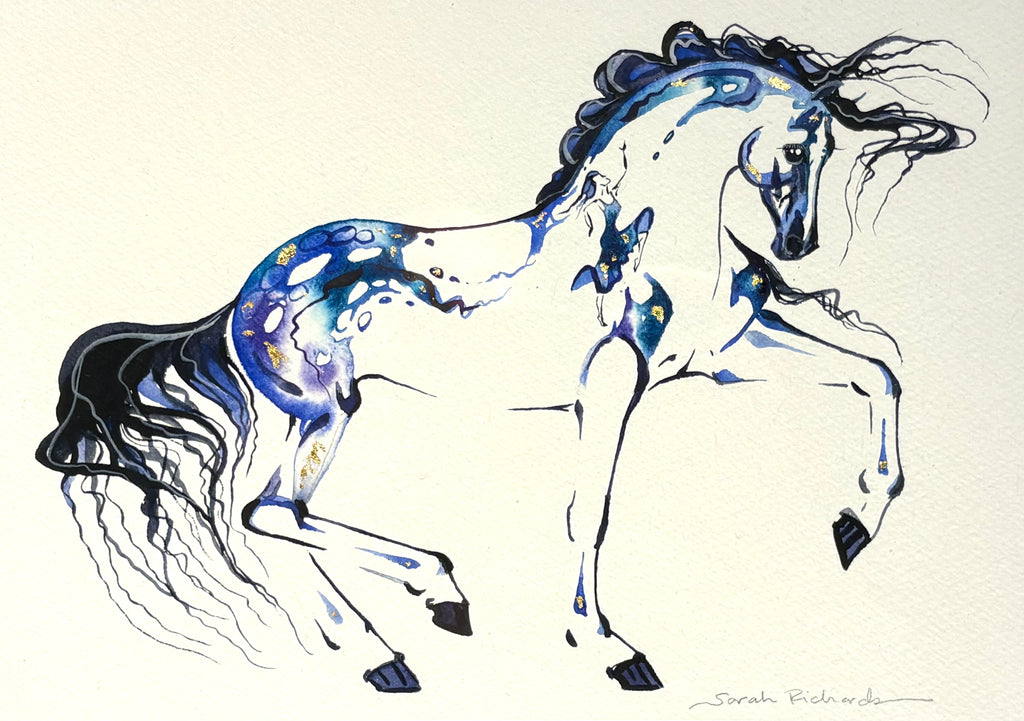 #9 Blue horse with hidden dancer and 23K gold leaf approx 13x16 inches $295.