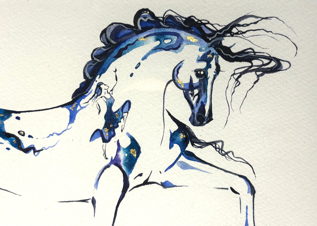 #9 Blue horse with hidden dancer and 23K gold leaf approx 13x16 inches $295.