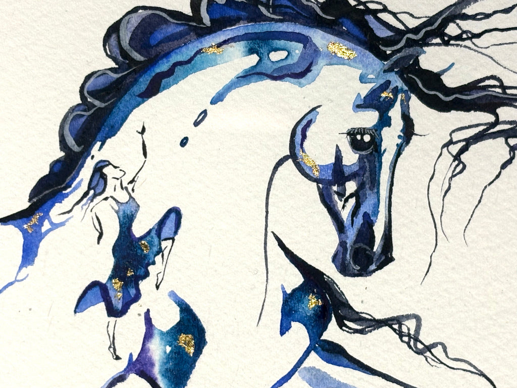 #9 Blue horse with hidden dancer and 23K gold leaf approx 13x16 inches $295.
