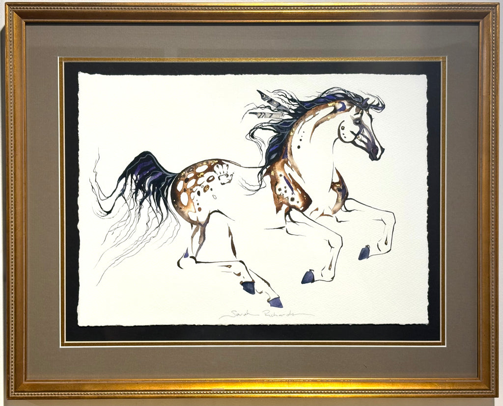 #11 War Pony with feathers in mane and 23K gold leaf approx 16x21 inches $395.