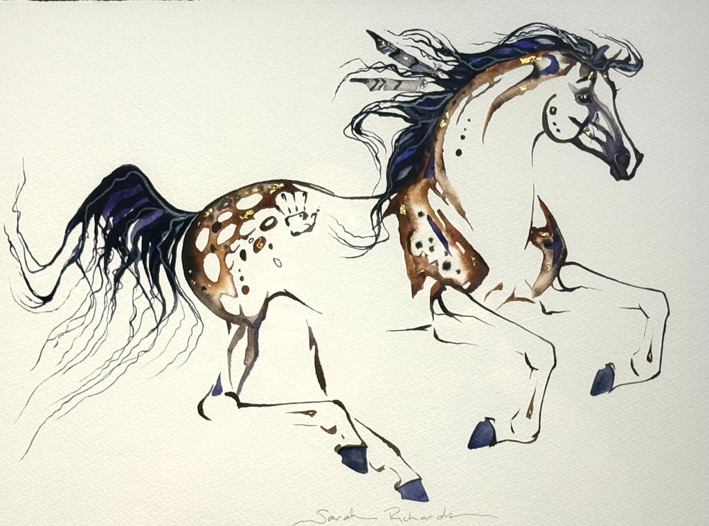 #11 War Pony with feathers in mane and 23K gold leaf approx 16x21 inches $395.