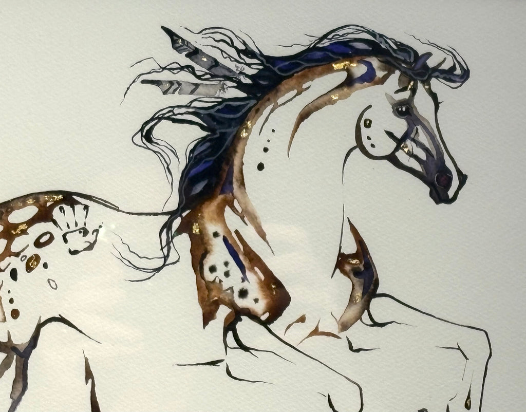 #11 War Pony with feathers in mane and 23K gold leaf approx 16x21 inches $395.
