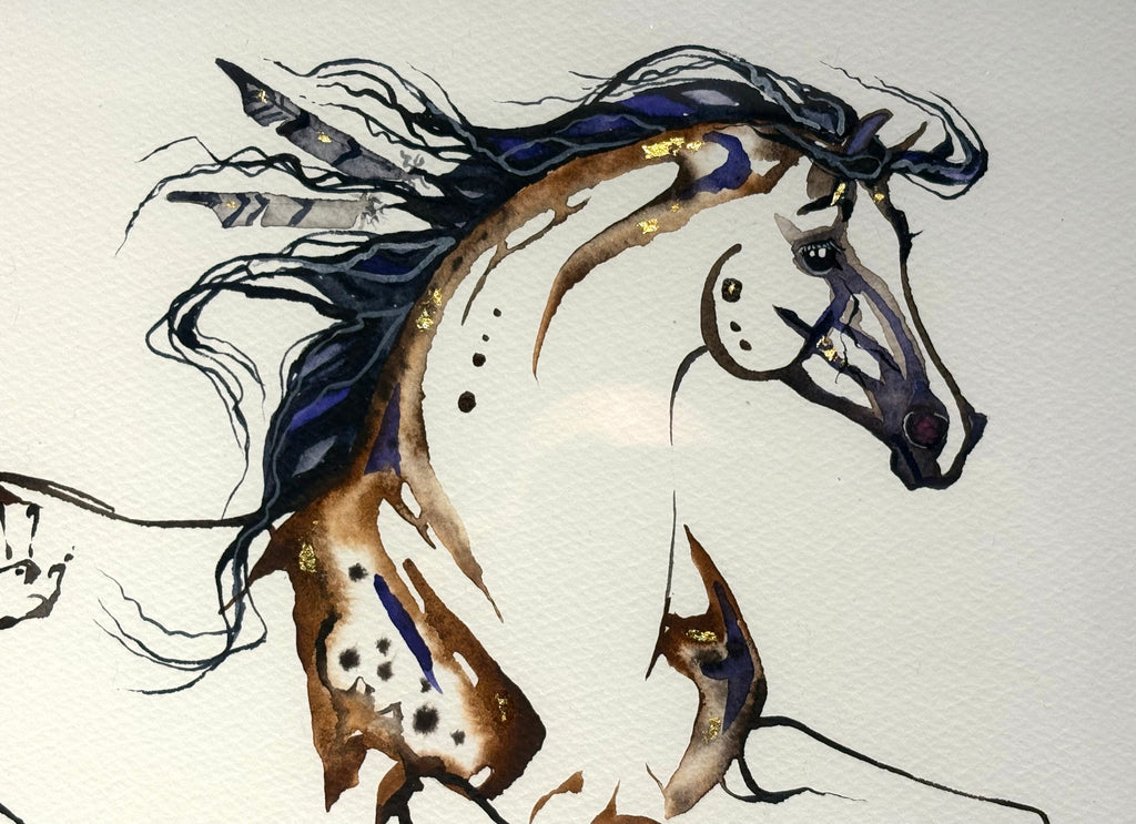 #11 War Pony with feathers in mane and 23K gold leaf approx 16x21 inches $395.
