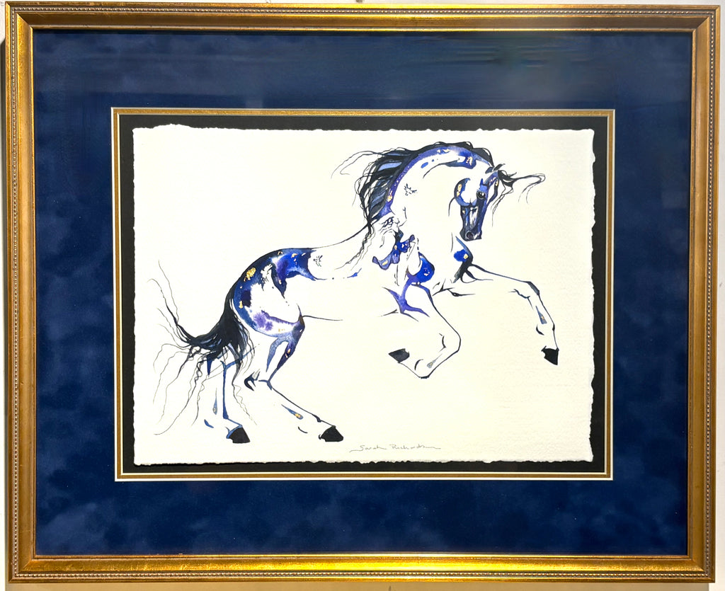 #12 Blue/purple canter depart with hidden birds and dancer and 23K gold leaf approx 17x21 inches $410.