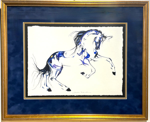 #12 Blue/purple canter depart with hidden birds and dancer and 23K gold leaf approx 17x21 inches $410.