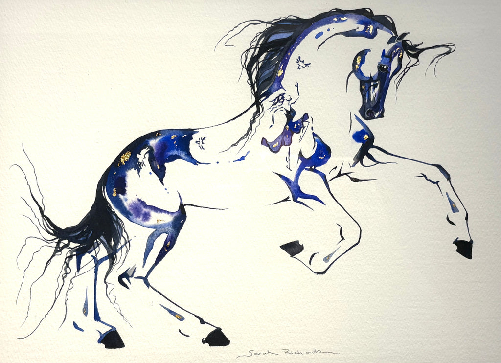 #12 Blue/purple canter depart with hidden birds and dancer and 23K gold leaf approx 17x21 inches $410.