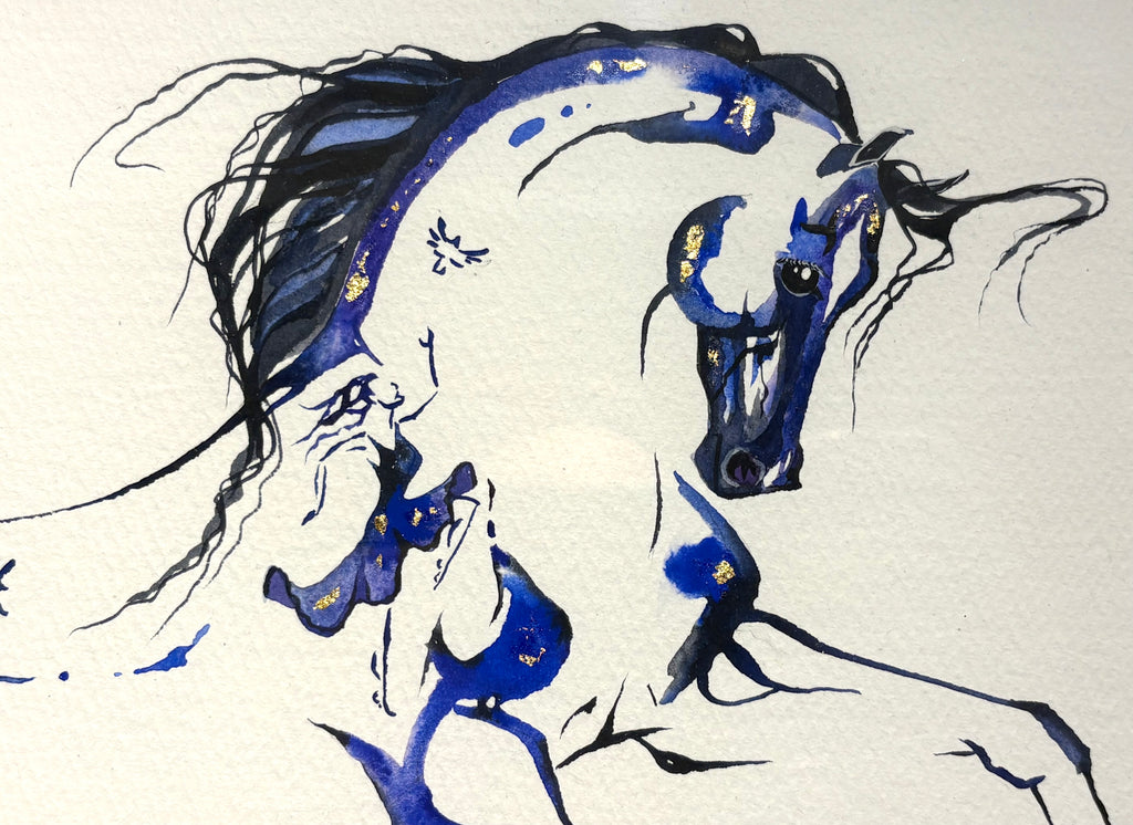#12 Blue/purple canter depart with hidden birds and dancer and 23K gold leaf approx 17x21 inches $410.