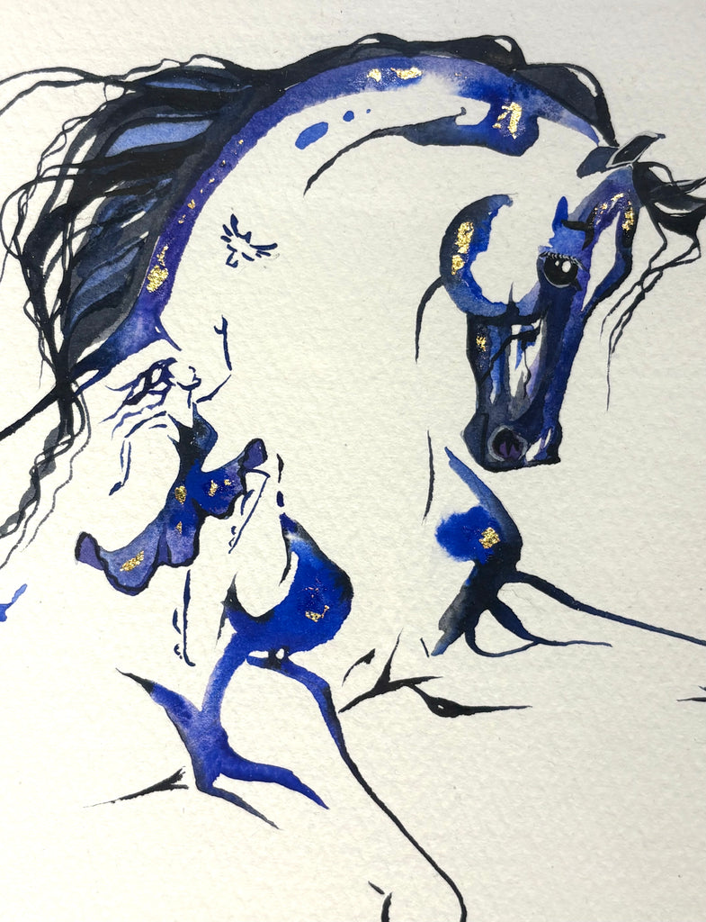 #12 Blue/purple canter depart with hidden birds and dancer and 23K gold leaf approx 17x21 inches $410.