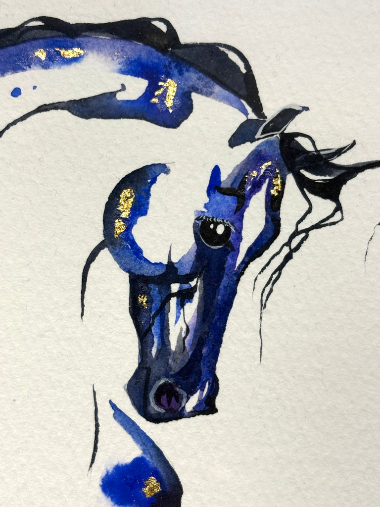 #12 Blue/purple canter depart with hidden birds and dancer and 23K gold leaf approx 17x21 inches $410.