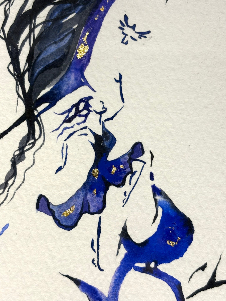 #12 Blue/purple canter depart with hidden birds and dancer and 23K gold leaf approx 17x21 inches $410.