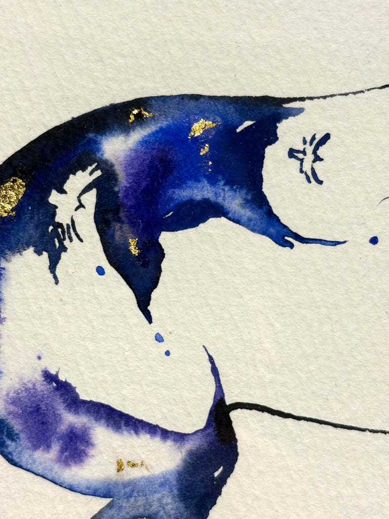 #12 Blue/purple canter depart with hidden birds and dancer and 23K gold leaf approx 17x21 inches $410.