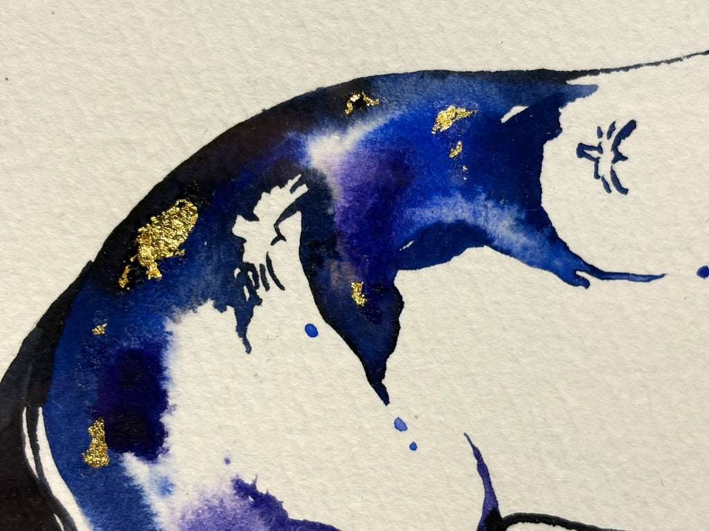 #12 Blue/purple canter depart with hidden birds and dancer and 23K gold leaf approx 17x21 inches $410.