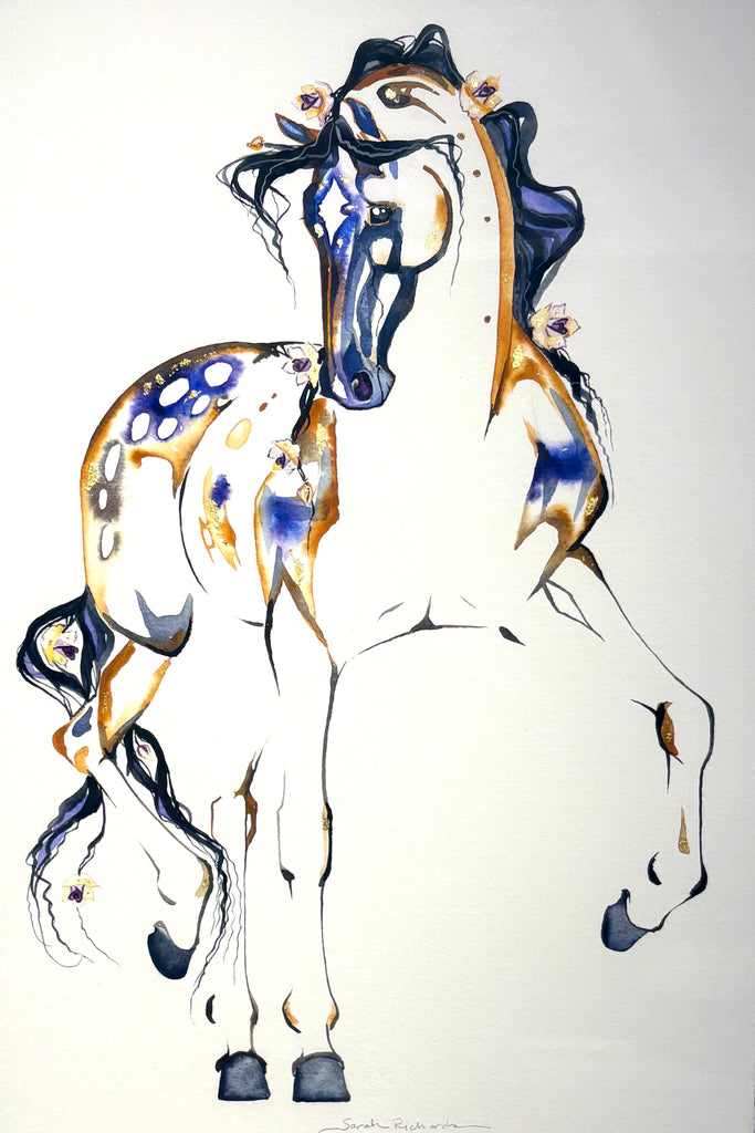#15 Tan horse with roses in mane and 23K gold leaf approx 21 x 27 inches $450.