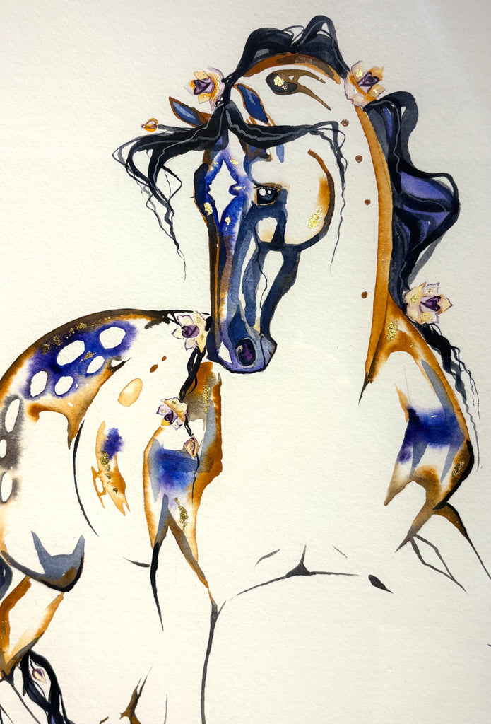 #15 Tan horse with roses in mane and 23K gold leaf approx 21 x 27 inches $450.