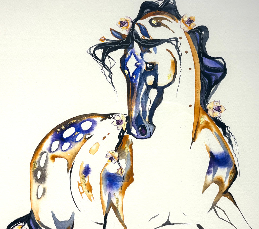 #15 Tan horse with roses in mane and 23K gold leaf approx 21 x 27 inches $450.