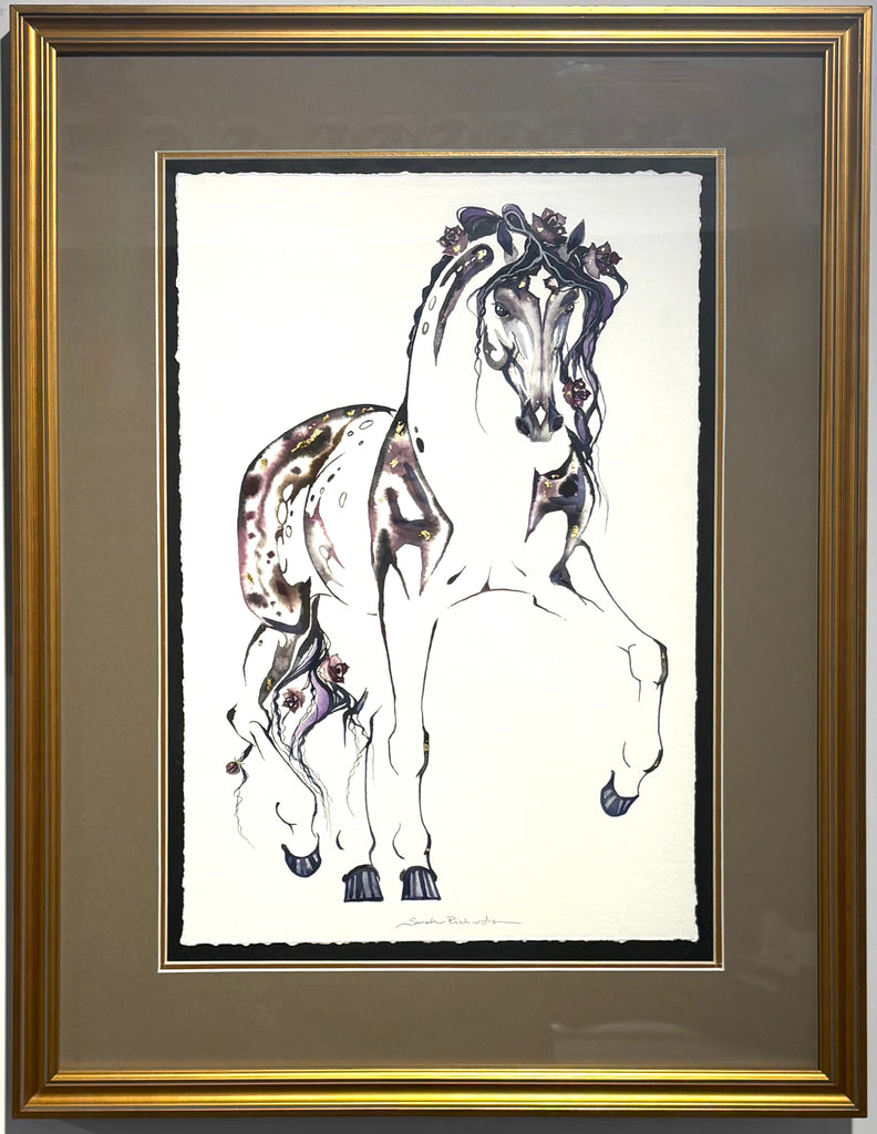 #16 Burgundy Spanish stallion with roses and 23K gold leaf approx 20x26 inches $450.
